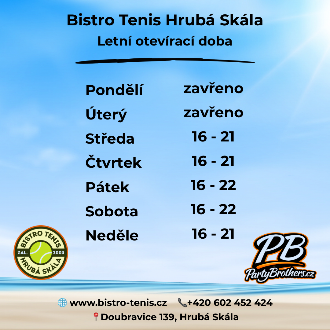 Letní otevírací doba Pondělí zavřeno Úterý zavřeno Středa 1600 - 2100 Čtvrtek 1600 - 2100 Pátek 1600 - 2200 Sobota 1500 - 2200 Neděle 1600 - 2000